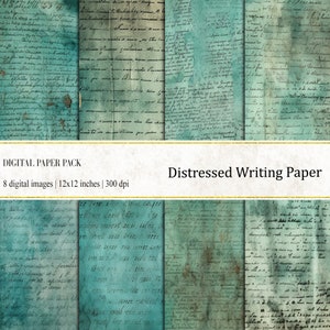Può includere: Un pacchetto di carta digitale con otto immagini di carta da lettere usurata. Ogni immagine misura 30,5 x 30,5 cm e 300 dpi. La carta ha uno sfondo blu-verde con scrittura nera sbiadita.