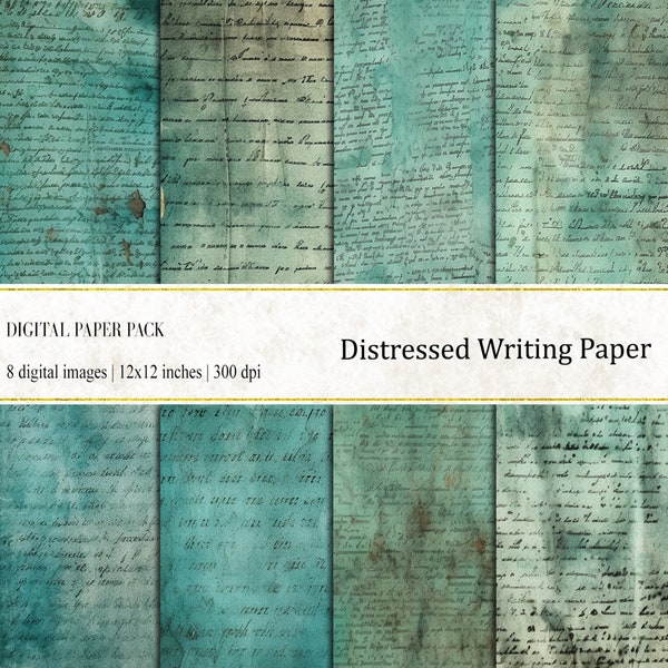 Distressed Writing Paper Digital Papers, Teal Distressed Backgrounds, Distressed Textures, Distressed Vintage Writing Paper, commercial use