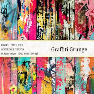 Puede incluir: Un paquete de papel digital de 16 patrones sin costuras con diseños de graffiti grunge en colores brillantes como rosa, amarillo, azul y negro. Los patrones son de 12x12 pulgadas y 300 dpi.