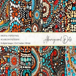 Può includere: Un pacchetto di carta digitale di 16 motivi senza cuciture con disegni di arte a punti aborigeni. I motivi sono in tonalità di marrone, arancione, blu e bianco. Ogni motivo è di 12x12 pollici e 300 dpi.