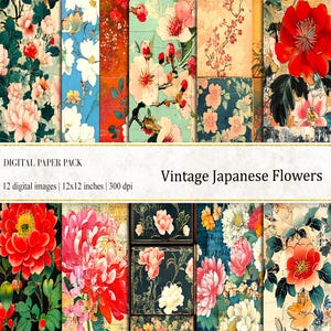 Vintage Japanse bloemen digitaal papier, vintage botanisch, Japans papier, afdrukbare collage, ongewenst dagboekpapier, Aziatische bloemen, Japanse kunst