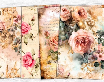 Floral Shabby Chic Junk Journal Papers: Vintage Roses Collage (Digital Download)
