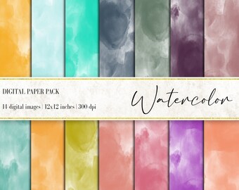 May include: A digital paper pack featuring 14 watercolor images, each 12x12 inches. The images showcase a variety of colors, including yellow, teal, blue, green, purple, and pink. The text "Watercolor" is written in a script font.