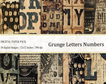 May include: Digital paper pack with 18 grunge letter and number designs. Each design is 12x12 inches and 300 dpi. The designs feature a vintage typewriter, old paper, and distressed letters and numbers.