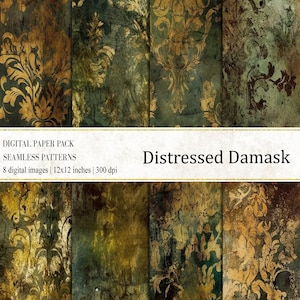 Distressed Damask Digital Papers, Distressed Backgrounds, Damask Seamless Patterns, Damask Grunge Digital Papers,Digital Papers