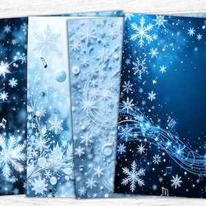May include: Four digital paper designs featuring a blue and white snowflake pattern with musical notes. The designs are perfect for winter and holiday projects.