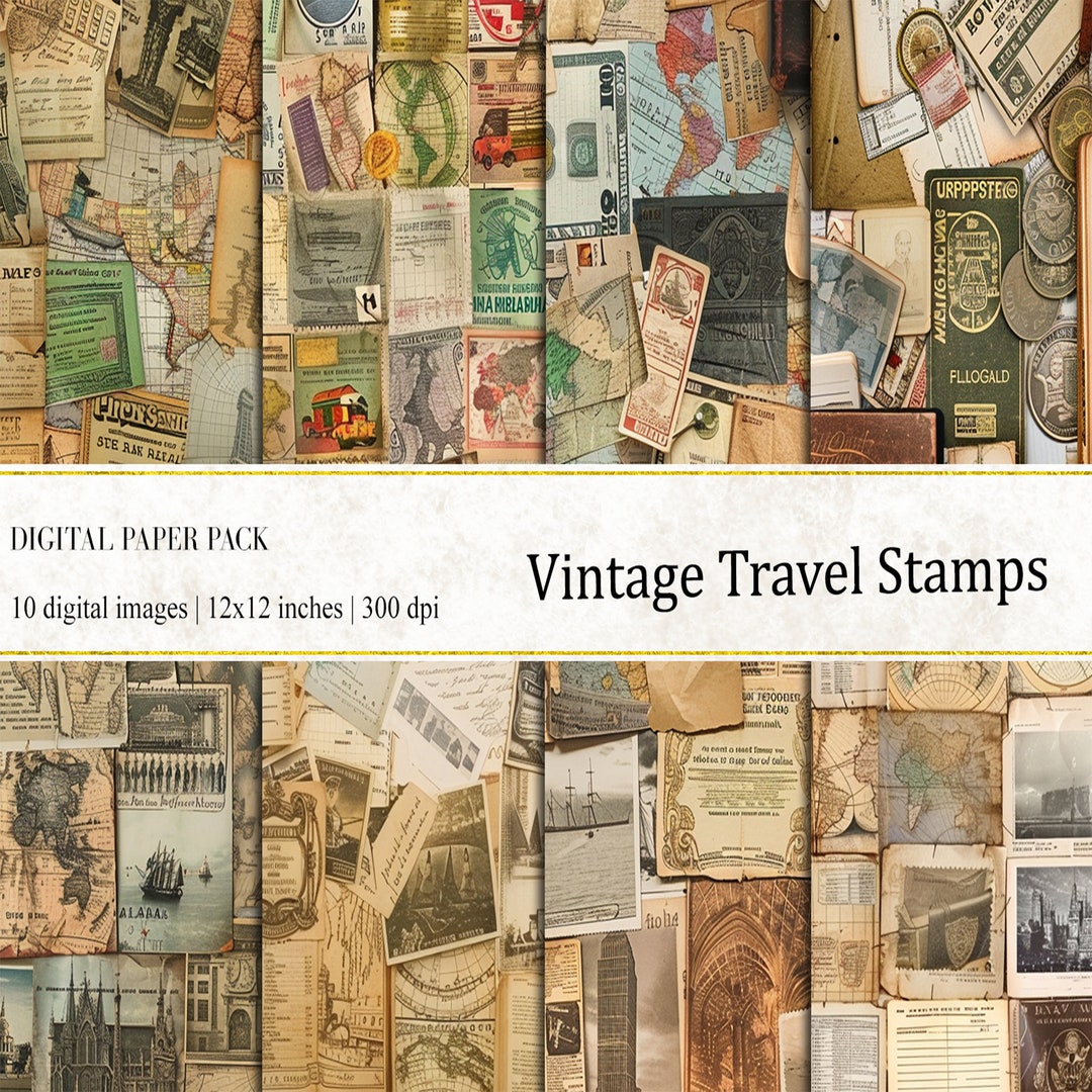 Vintage Travel Stamps Digital Paper Pack: Ephemera Backgrounds (digital ...