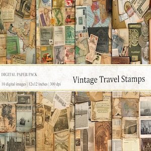 Papéis digitais de selos de viagem vintage, fundo de itens de viagem, impressão de selos de viagem, papéis de diário vintage, papéis de diário de viagem