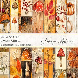 May include: A digital paper pack with seamless patterns, themed around vintage autumn. The images showcase watercolour illustrations of mushrooms, leaves, pumpkins, and berries. The pack includes 23 digital images, each 30.48cm x 30.48cm.