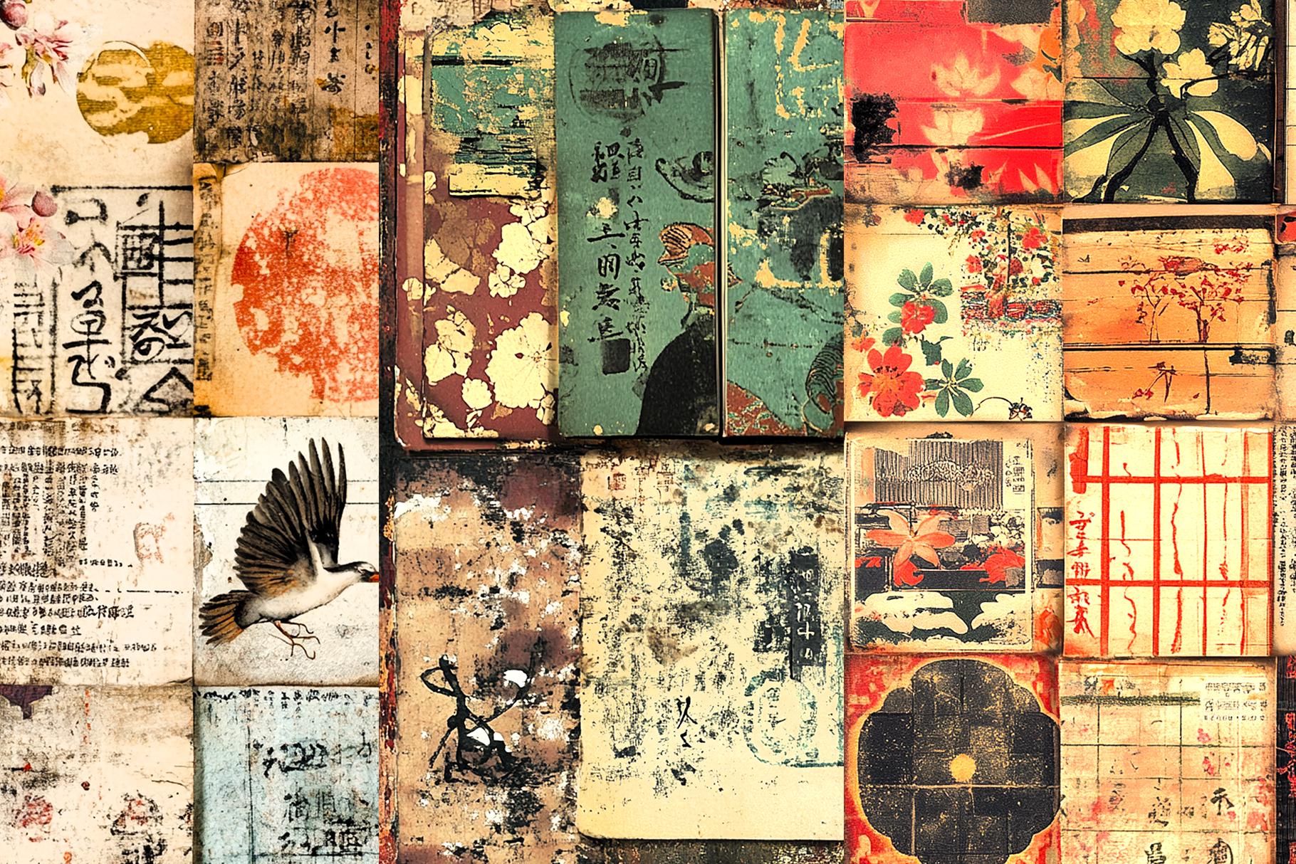 Japanese Collage Digital Papers: Vintage Asian Backgrounds
