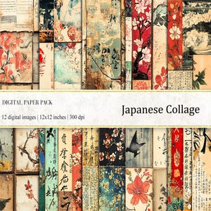 Papéis digitais de colagem japonesa, cartas japonesas, papéis de letras japonesas, papéis de diário, folhas de colagem digital, papéis orientais