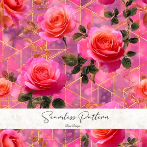 May include: A seamless pattern featuring vibrant pink roses with orange centres, set against a geometric gold trellis on a pink and purple background. The design includes the text "Seamless Pattern" and "Benn Designs".