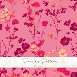Könnte beinhalten: Nahtloses Blumenmuster in Rosa, Fuchsia und Pfirsich. Das Design zeigt stilisierte Blumen und Blätter auf einem einfarbigen rosa Hintergrund. Die Wörter "Seamless Pattern" und "Bena Designs" sind in einer Schriftart geschrieben.