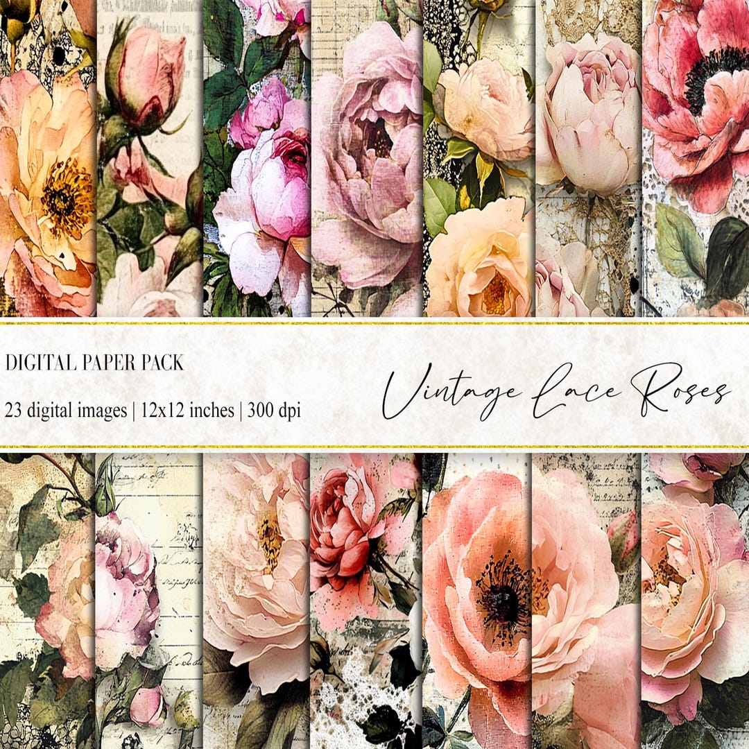 Vintage Lace Rose Digital Paper: Shabby Chic Ephemera (PNG, 12x12) - Etsy