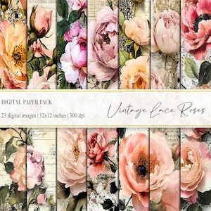 Papel digital shabby chic deshilachado, papel digital floral vintage, papeles de contabilidad antiguos deshilachados, efímeras, páginas de diario, rosa de encaje vintage
