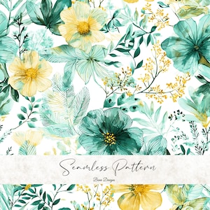 Könnte beinhalten: Nahtloses Muster mit Aquarellblumen in Türkis und Gelb, mit grünen Blättern auf weißem Hintergrund. Das Design umfasst große Blüten und zarte Zweige und schafft ein botanisches Thema. Der Text "Seamless Pattern" wird angezeigt.