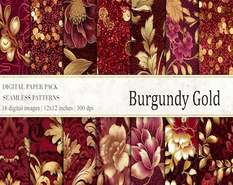 May include: A digital paper pack with 16 seamless patterns in burgundy and gold colors. The patterns feature floral designs, glitter, and damask patterns. The pack is 12x12 inches and 300 dpi.