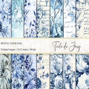 Vintage digitaal Toile De Jouy-papier, Frans Toile Junk Journal, decoupagepapier, Frans papier, blauw toile-plakboekpapier, chinoiseriepapier