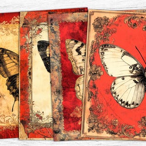 Papéis de diário de lixo de borboleta, diário de lixo vintage, papéis de borboleta, itens efêmeros para impressão, borboleta vermelha, itens efêmeros vintage, impressão digital