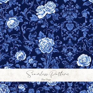 Könnte beinhalten: Ein nahtloses Muster mit einem dunkelblauen Hintergrund, das ein Blumenmuster zeigt. Es zeigt weiße und hellblaue Rosen, Blätter und verzierte Ranken. Der Text "Seamless Pattern" wird auf einem weißen Banner angezeigt.