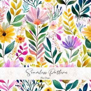 May include: Watercolor floral seamless pattern featuring a variety of colorful flowers and leaves in shades of yellow, pink, purple, and green. The design includes the text "Seamless Pattern" and "Bena Designs".