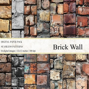 May include: A digital paper pack of 16 seamless brick wall patterns. The patterns are 12x12 inches and 300 dpi. The brick walls are in various shades of red, brown, gray, and white.