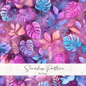 Peut inclure: Un motif sans couture avec un fond aquarelle et diverses feuilles aux tons rose, violet, bleu et orange. Le texte "Seamless Pattern" est affiché en écriture cursive.