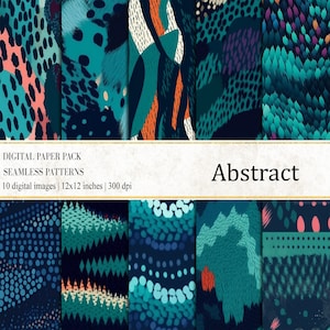May include: A digital paper pack with ten seamless abstract patterns. The designs feature teal, navy, orange, and pink textures. Each image measures 30.48 x 30.48 cm. The word "Abstract" is also visible.