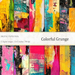 May include: A digital paper pack with 12 colorful grunge textures. Each image is 12x12 inches and 300 dpi. The textures feature abstract patterns in shades of yellow, red, blue, green, and black.