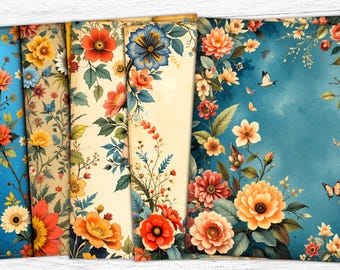 May include: A set of five digital paper designs featuring floral patterns with vibrant colours like red, orange, yellow, and blue. The designs have a vintage aesthetic and are perfect for scrapbooking, card making, and other crafting projects.