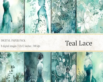 Teal Lace Digital Paper Set: Watercolor Print, Journal Backgrounds (PNG Download)