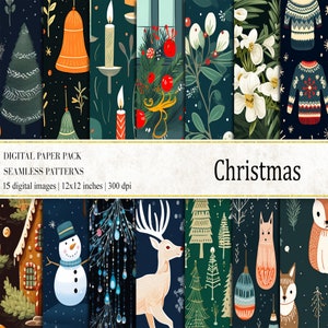 Papiers numériques de Noël scandinaves, Papiers numériques de Noël, Motifs des Fêtes d'hiver, Motifs nordiques de Noël, Motifs sans couture de Noël