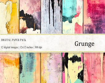 Könnte beinhalten: Ein digitales Papierpaket mit 12 Hintergründen im Grunge-Stil in verschiedenen Farben, darunter Gelb, Rosa, Blau und Rot. Die Papiere sind 12x12 Zoll groß und haben eine Auflösung von 300 dpi.