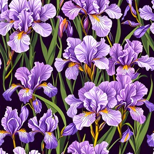 May include: A seamless pattern featuring detailed illustrations of purple irises with yellow accents and green leaves against a dark background. The floral design showcases the irises in full bloom.