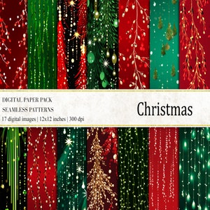 Digitaal kerstpapier, naadloze kerstpatronen, kerstklatergoudslinger, roodgroen digitaal kerstpapier, digitaal papier