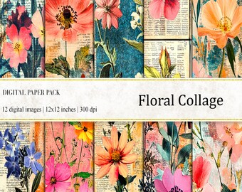 Vintage Floral Collage Digital Paper: Botanical Ephemera (PNG, 12x12)