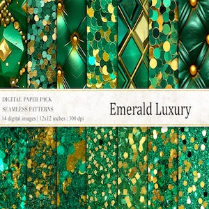 May include: A digital paper pack with 14 seamless patterns featuring emerald green and gold colors. The patterns include geometric shapes, polka dots, and glitter textures. The text "Emerald Luxury" is displayed at the top of the image.