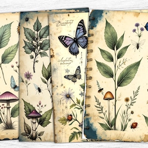 Carta da giornale vintage botanica, carta digitale vintage da giardino, download digitale, pagina di lettere, farfalla vintage, stampa di erbe aromatiche
