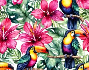 May include: Watercolor illustration of a tropical pattern featuring toucans, hibiscus flowers, and large green leaves. The toucans have vibrant yellow, orange, blue, and green plumage. The flowers are bright pink, and the leaves are a mix of green shades.