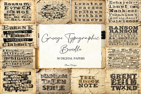 Grunge Typewriter Font Digital Paper: 50 Antique Letter Sheets