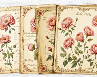 May include: Vintage-style botanical prints featuring pink roses with green leaves and stems. The prints have a cream-colored background with handwritten script and decorative borders. The text "Wild Poittees" is visible on one print.