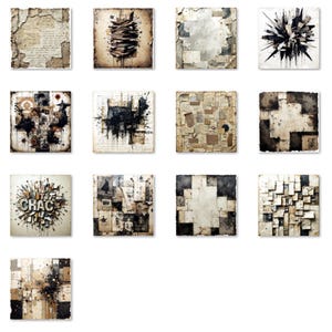 Peut inclure: Ensemble de 20 &oelig;uvres d'art abstraites carr&eacute;es. Chaque pi&egrave;ce pr&eacute;sente un aspect de papier vieilli et d&eacute;lav&eacute; avec diverses textures, couleurs et motifs abstraits. Certaines pi&egrave;ces incluent des fragments de texte, et la palette de couleurs est principalement neutre avec des accents noirs.