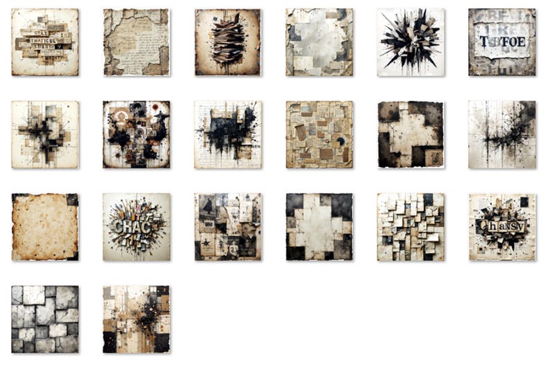Peut inclure: Ensemble de 20 &oelig;uvres d'art abstraites carr&eacute;es. Chaque pi&egrave;ce pr&eacute;sente un aspect de papier vieilli et d&eacute;lav&eacute; avec diverses textures, couleurs et motifs abstraits. Certaines pi&egrave;ces incluent des fragments de texte, et la palette de couleurs est principalement neutre avec des accents noirs.