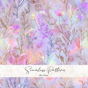 Puede incluir: Un patrón sin costuras con un diseño de acuarela de delicadas flores y follaje en tonos rosa, morado y dorado. Los elementos florales se destacan sobre un fondo pastel suave, creando una estética de ensueño. Se muestra el texto "Seamless Pattern".