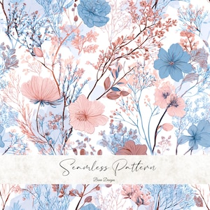 Puede incluir: Un patrón floral sin costuras con flores y ramas azules, melocotón y marrones sobre un fondo blanco. El diseño incluye el texto "Seamless Pattern" y "Bena Designs".