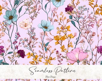 Lila Cottagecore Blumenmuster: Botanischer zarter Stoffdruck (Digitaler Download)