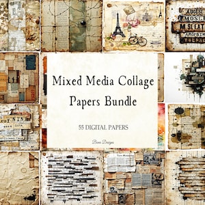 May include: A bundle of 55 digital mixed media collage papers. The papers showcase vintage textures, including floral designs, newspaper cuttings, and aged paper effects. The central text reads "Mixed Media Collage Papers Bundle".