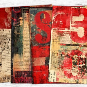 May include: A collection of abstract art prints with a vintage aesthetic. The prints feature bold red numbers and letters, layered over aged paper textures with handwritten script and distressed backgrounds. The color palette includes red, beige, and dark tones.