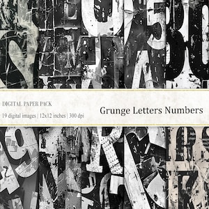 グランジ文字数字デジタルペーパー、グランジ黒白ペーパー、ディストレストナンバー、グランジ文字デジタルペーパー、グランジデジタルペーパー