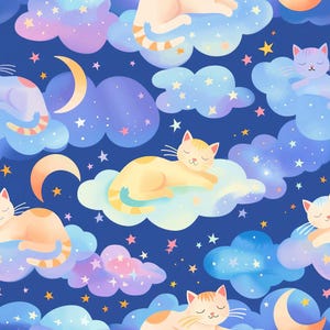 Könnte beinhalten: Ein nahtloses Muster mit hellorangen Katzen, die auf flauschigen blauen, violetten und rosafarbenen Wolken vor einem dunkelblauen Nachthimmel schlafen. Das Design enthält gelbe Mondsicheln und verstreute kleine Sterne in Gelb- und Rosatönen.